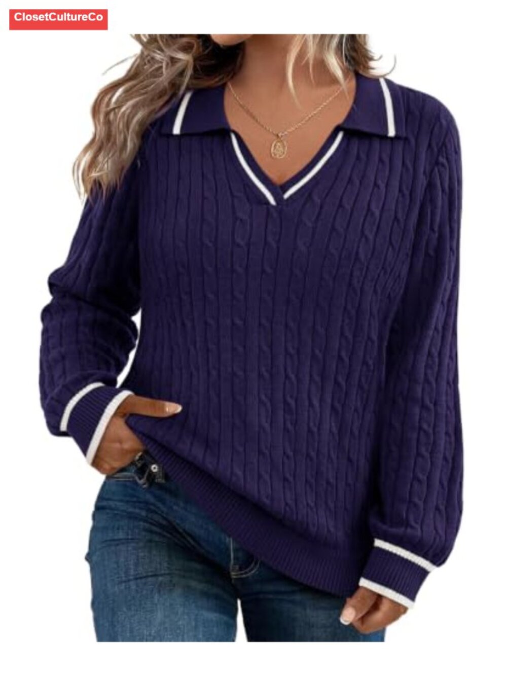 Plus Size V-Neck Collared Long Sleeve Pullover Sweater Knit Jumper
